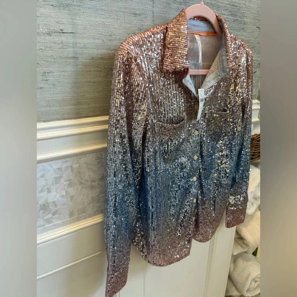 NWT new Anthropologie ombré sequin button down shirt XS blue peach pastel - Picture 11 of 17